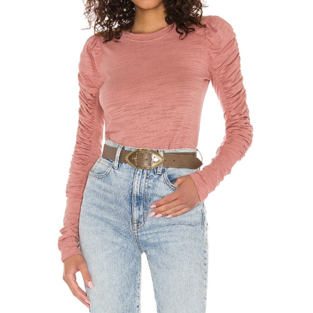 Free People Top Natasha Tee Blush Pink Long Sleeve Ruched Coquette Boho Spring